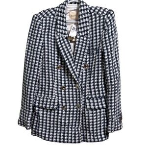 New Elie Tahari Sz 10 TWEED PLAID DOUBLE BREASTED BLAZER NAVY WHITE